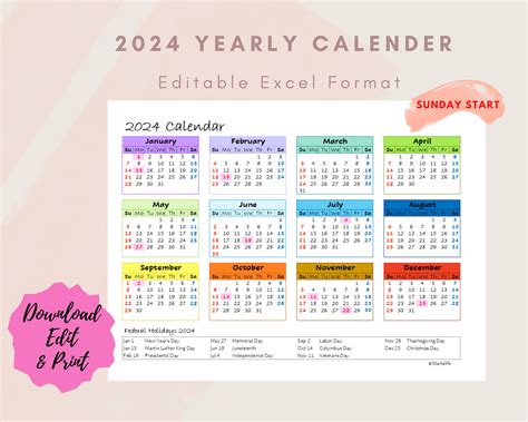 2024 Yearly One Page Excel Calendar Etsy