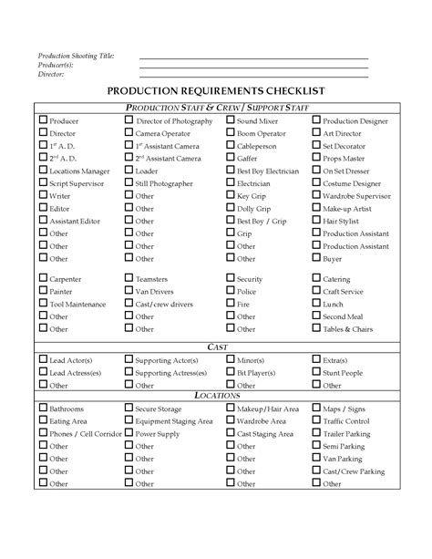 Production Requirements Checklist For Film Production Legal Forms And Business Templates