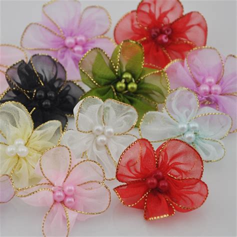 40pcs organza ribbon w beads flowers wedding sewing appliques crafts a27 ribbons aliexpress