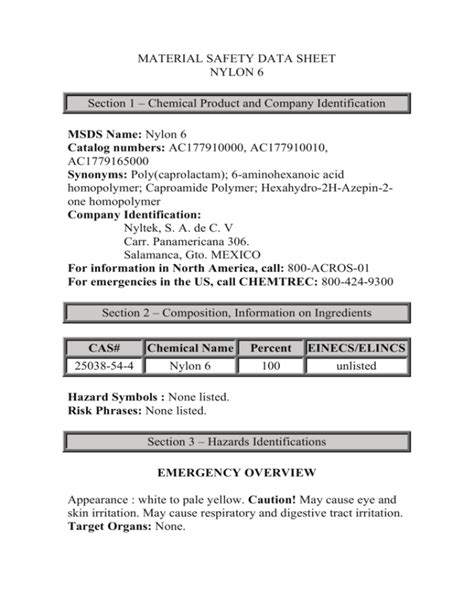 Material Safety Data Sheet Nylon 6 Section 1 Chemical