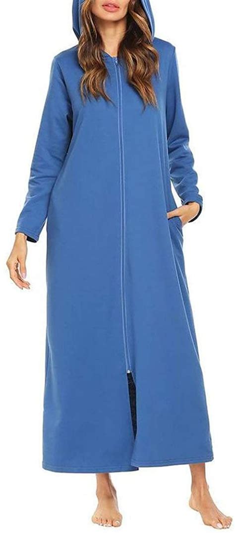 Women Sleepwear Long Robe Long Sleeve Dressing Gown Zip-Front Hooded