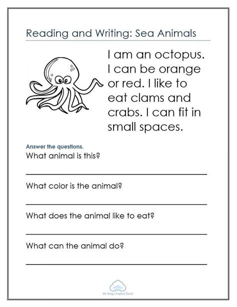 Reading And Writing Sea Animals Worksheet With An Octopus In The Ocean