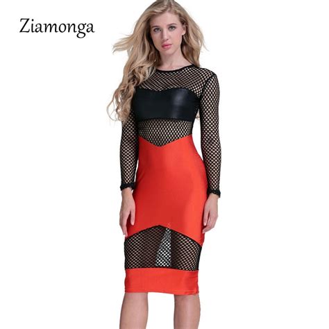 Ziamonga Women Mesh Patchwork Hollow Out Autumn Dress Ladies Long Sleeve Celebrity Party Bandage