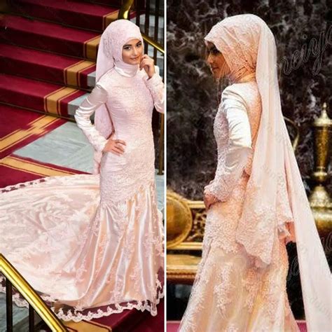 Unique Pink Satin Lace Mermaid Muslim Wedding Dresses High Neck Long