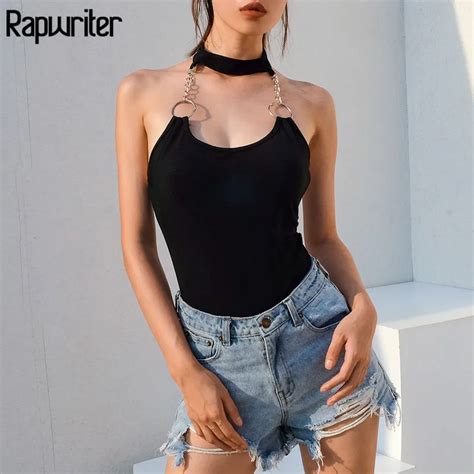 rapwriter sexy backless solid cotton halter neck skinny ring chain
