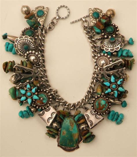 Vintage Fred Harvey Era Turquoise And Silver Charm Bracelet Zuni Navajo