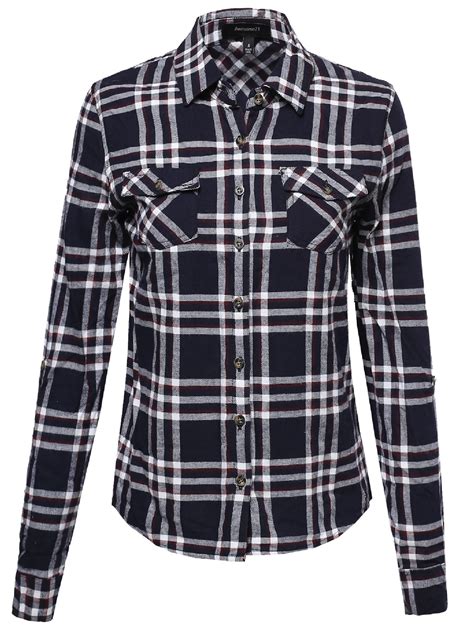 fashionoutfit women s flannel plaid checker roll up sleeves button down shirt
