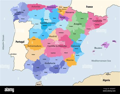 España Comunidades Autónomas Y Provincias Mapa Vectorial Con Países Y