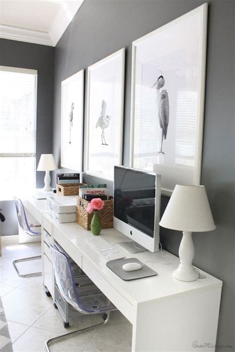 It features the kallax bookshelf as a room divider. Ikea Micke desk setup in home office for two | Ikea home ...