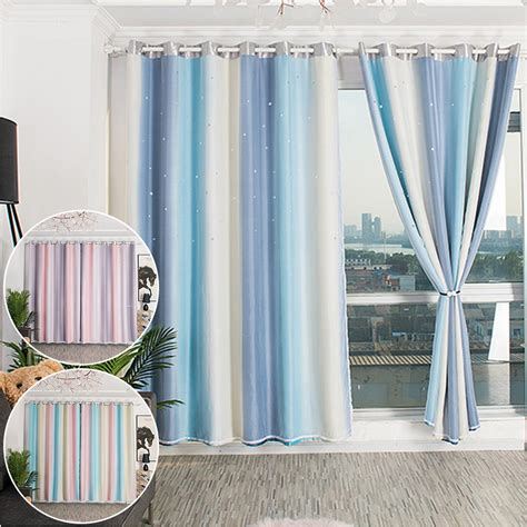 2 Layers Stars Tulle Blackout Curtains Gradient Room Darkening Starry