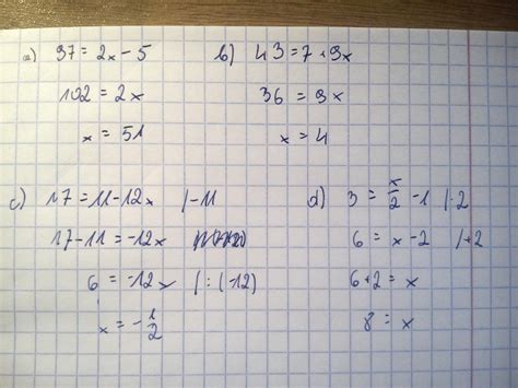 Rozwiąż równania a) 97=2x-5 b) 43=7+9x c) 17=11-12x d) 3= x/2-1
