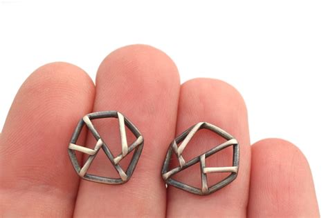 Sterling Silver Geometric Earrings Oxidized Silver Stud Etsy