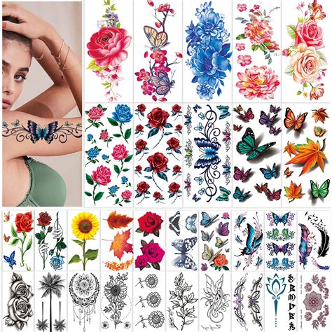 42 sheets flowers temporary tattoos stickers roses butterflies and multi colored mixed style