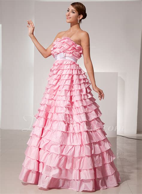 Ball Gown Strapless Floor Length Taffeta Prom Dress With Sash Bows