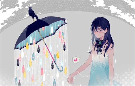 Wallpaper Girl Drops Rain Umbrella Anime Art Crow Ryuutsuki Base