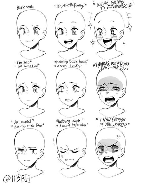 the stages of facial expressions for an anime character s face and head with text above