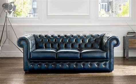 Chesterfield Handmade 3 Seater Sofa Antique Blue Real Leather