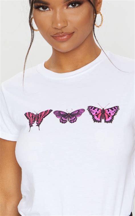White Butterfly Print Fitted T Shirt Tops Prettylittlething Aus