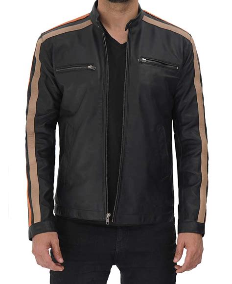 Black Striped Leather Jacket Mens Cafe Racer Jacket