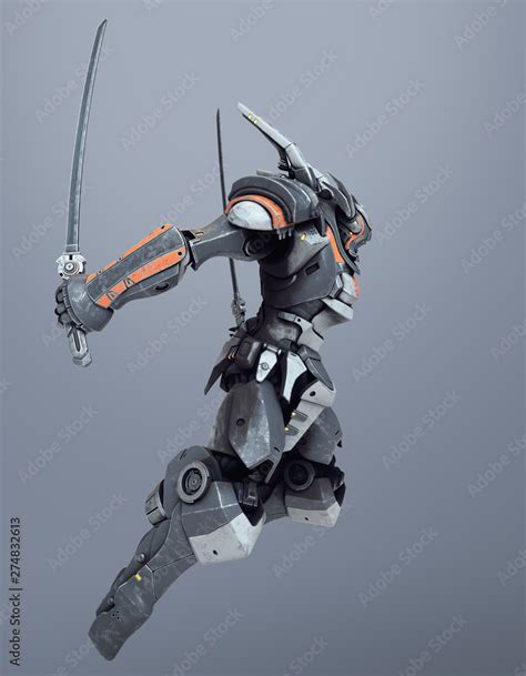 Sci Fi Mech Warrior Holding Two Swords In Fighting Position Mech In A