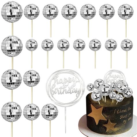 Buy 21 Pcs Disco Ball Cupcake Toppers Happy Birthday Cake Topper 1970s