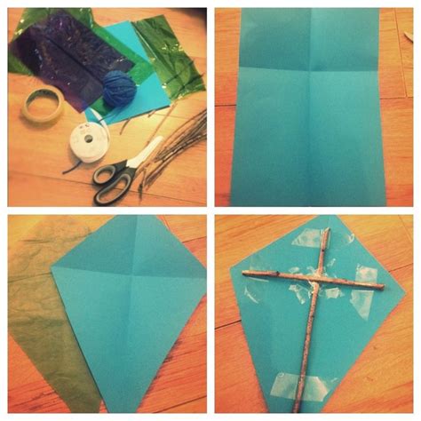 Four Different Pictures Show How To Make An Origami Cross Out Of Blue Paper