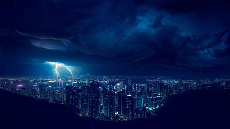 Lightning City Storm Night Photography Blue Hd 4k Hd Wallpaper