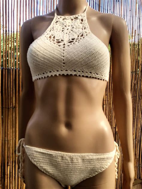 Amazon Com Crochet Bikini Crocheted Cotton Bikini With Halterneck Top