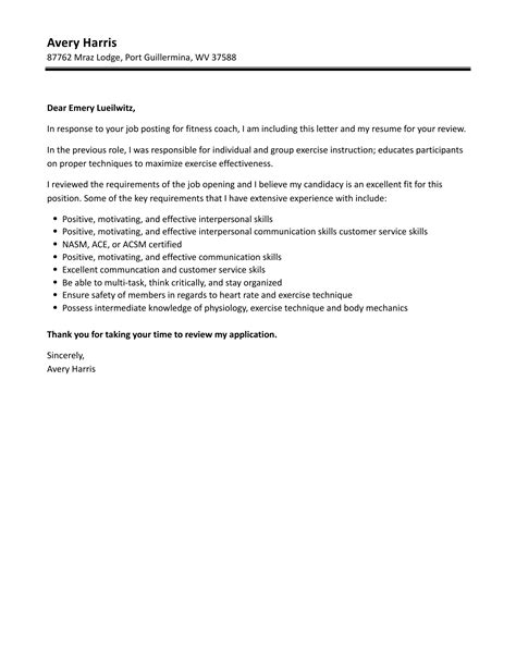 Fitness Coach Cover Letter Velvet Jobs