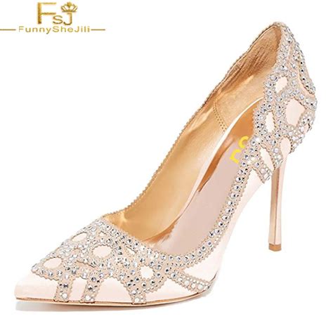 Fsj Fashion Women Light Pink Satin Crystal Pointed Toe Rhinestone Pumps Stilettos High Heel Slip