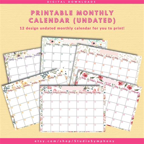 Printable Undated Monthly Calendar Floral Watercolour Etsy