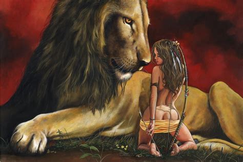 Amazon Lion And Sexy Girl With Bow Arrows Tdw200 Wall Art Fabric Poster