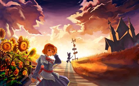 1680x1050 Anime Girl Road Building Night Sunset Wallpaper 