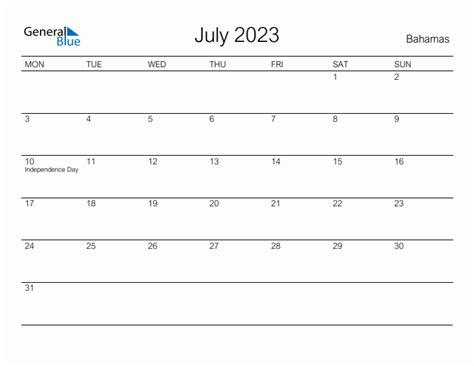 July 2023 Bahamas Monthly Calendar With Holidays