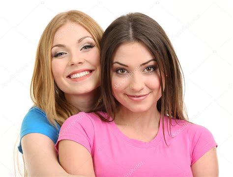 Two Girl Friends Hugging Isolated On White Stock Photo By ©belchonock