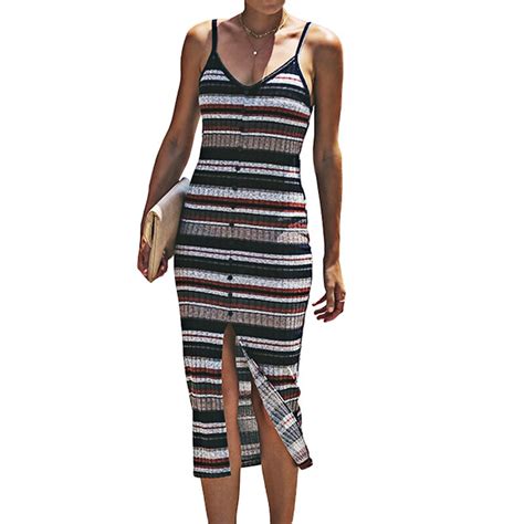 Women Dress 2019 Fashion Spaghetti Strap Striped Print Midi Summer Dress Split Sexy Bodycon