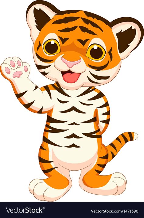 Cute Baby Tiger Cartoon Waving Vector By Tigatelu Image