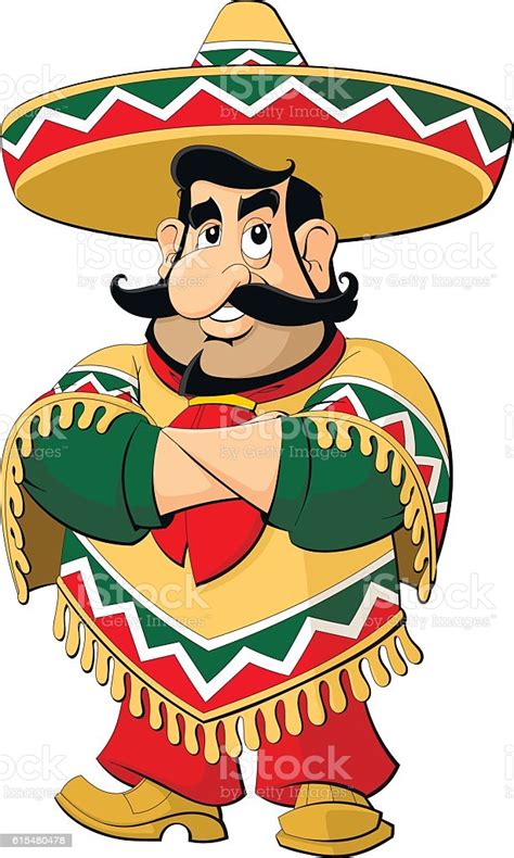 Cartoon Mexican Man In A Sombrero And Poncho Stock