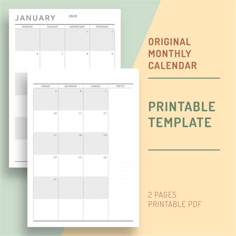 Monthly View Planner 2020 Personal Monthly Calendar Printable Etsy