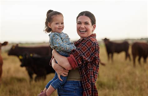 가족 어머니 및 아기는 잔디 지속 가능성 및 농업을 먹는 배경에 소가있는 농장에서 있습니다 행복한 유기농 낙농가 엄마와 함께 소녀와 가축 떼를 지속 가능한 자연에서 바깥으로