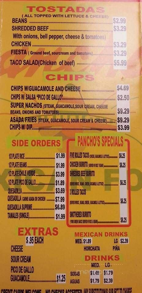 Quick bites, chinese $ menu. Menu of Pancho's Mexican Food in Springfield, MO 65807
