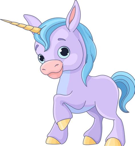 Cute Cartoon Unicorn With Blue Hair And Yellow Horn