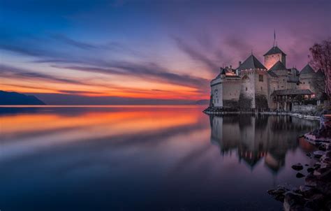 Wallpaper Sunset Lake Reflection Castle Switzerland Switzerland