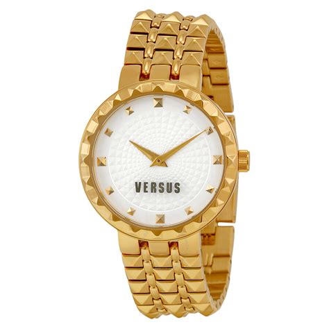 The square silver watch face has pretty scroll work on it, with the numbers 12, 6 and 9 on the bezel. Versus by Versace Coral Gables White Dial Gold Ion-plated ...