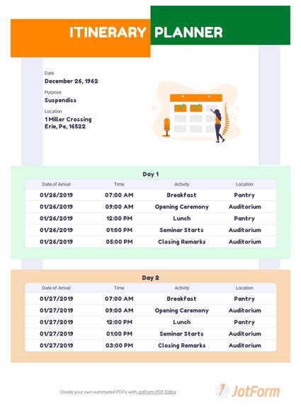 Itinerary Templates - PDF Templates | JotForm