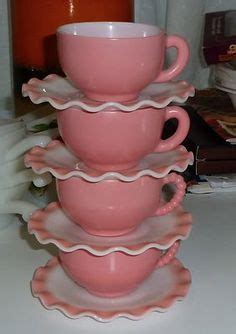 Vintage Hazel Atlas Pink Crinoline Ripple Cups Saucers Fancy Handles
