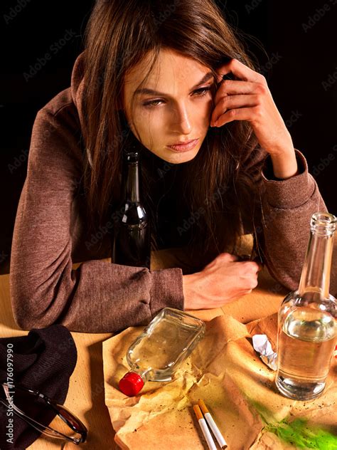 Woman Alcoholism Is Social Problem Female Drinking Is Cause Of Nervous Stress She With Green