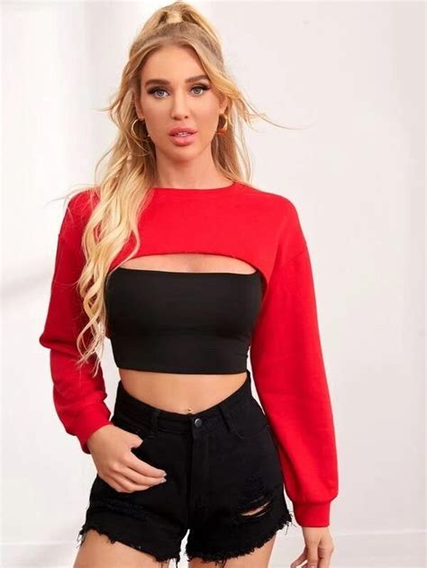 Women Drop Shoulder Super Crop Pullover Without Cami Agodeal