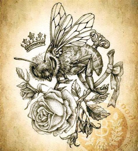 A Drawing Of A Bee With Roses And A Crown On Its Head Is Shown