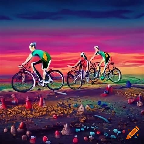 Surreal Artwork Of Cyclists Planting Mushrooms In Colorful Landscape